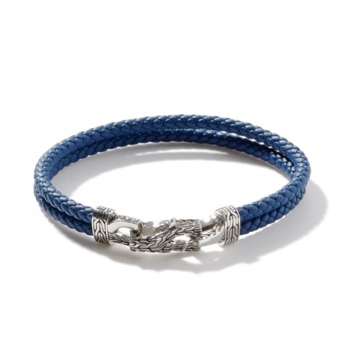 John Hardy sterling silver asli Classic Chain link bracelet on double blue woven leather, size M