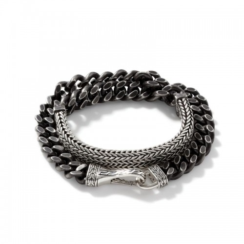 John Hardy sterling silver with black oxidation Classic Chain 11mm curb link double wrap bracelet with hook clasp, size M