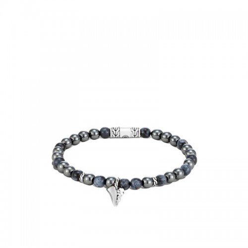 John Hardy sterling silver Classic Chain keris dagger bead bracelet with blue pietersite and hematite beads, 6mm bracelet with pusher clasp, size M