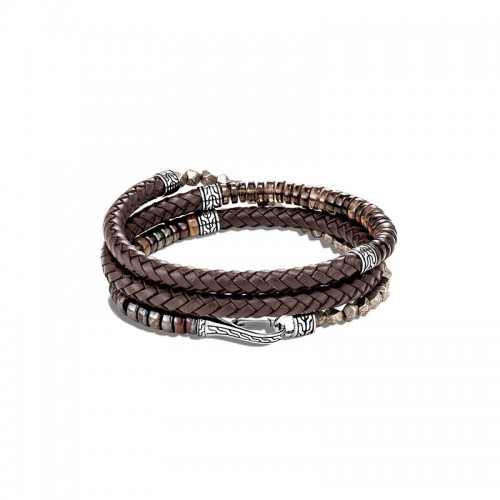 John Hardy sterling silver Chain triple brown leather wrap bracelet with smoky quartz, tiger iron and pyrite, 18mm bracelet with hook clasp, size M
