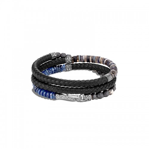 John Hardy sterling silver Classic Chain triple wrap leather bracelet with opal, hematite, kyanite, lolite, grey moonstone and silver calcite beads, 6mm bracelet, size M