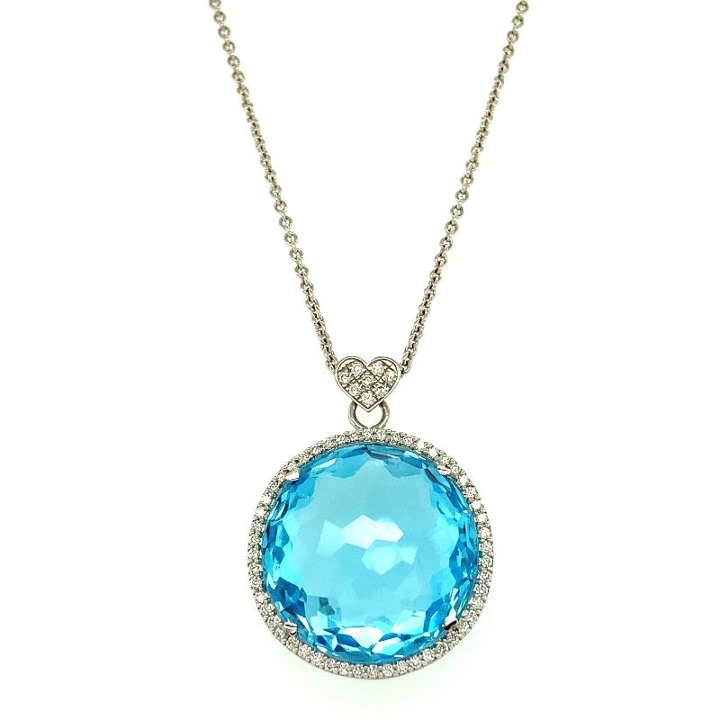 Lisa Nik 18k white gold Rocks round blue topaz pendant necklace with diamonds, 20mm blue topaz with diamonds weighing 0.47 carat total weight, 18