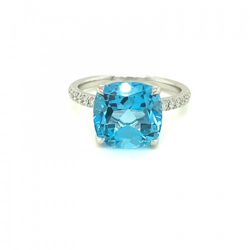 Lisa Nik 18k white gold rhodium plated Rocks blue topaz ring with diamonds, 10mm cushion blue topaz with diamonds weighing 0.14 carat total weight