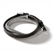 Sterling Silver Classic Chain Small Flat Triple Wrap Bracelet On Black Leather