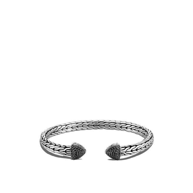John Hardy sterling silver Classic Chain slim flex cuff bracelet with black sapphire and black spinel, 5.5mm bracelet, size S-M