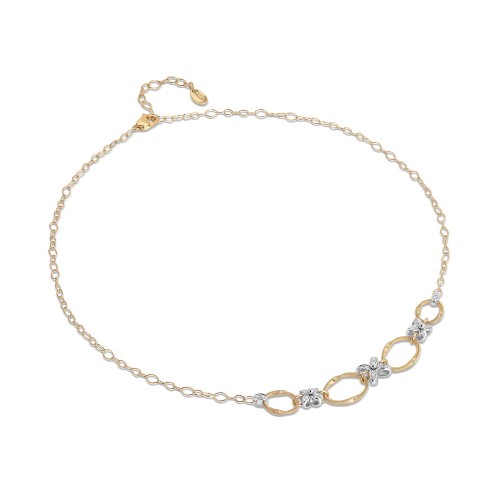 Marco Bicego 18k yellow gold and 18k white gold rhodium plated Marrakech Onde alternating 3 flower station necklace with 4 hand twist circles, round diamonds weighing 0.15 carat total weight, 16.5