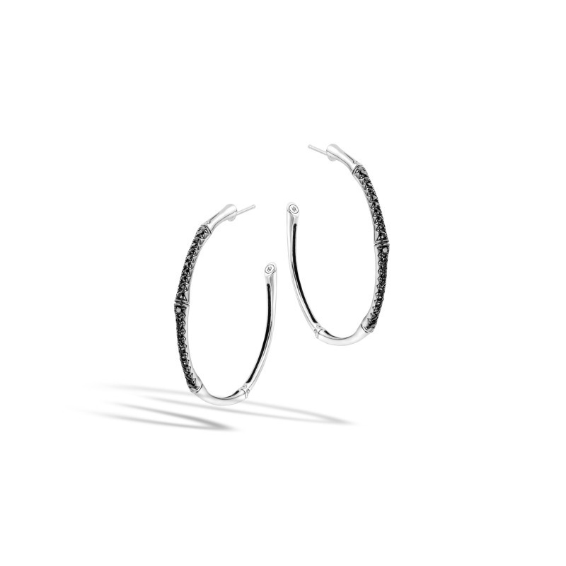 John Hardy sterling silver Bamboo lava large hoop earrings with black sapphire, 40.5mm earrings with post back