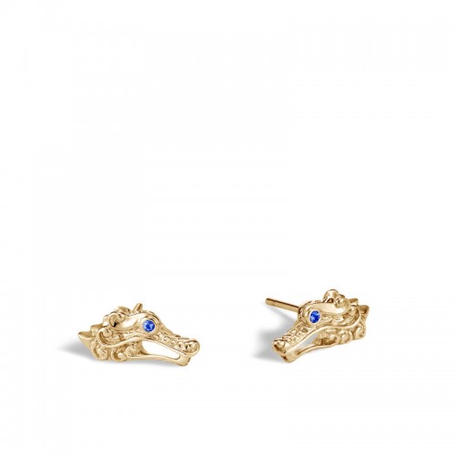 John Hardy 18k yellow gold Legends Naga dragon head stud earrings with blue sapphire, 15x7.5mm earrings