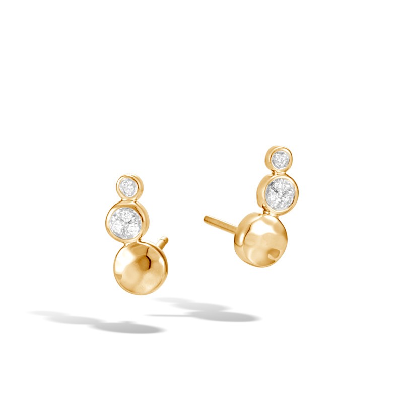 John Hardy 18k yellow gold Dot hammered earrings with diamonds weighing 0.05 carat total weight, 12.5x5.5mm earrings with post back