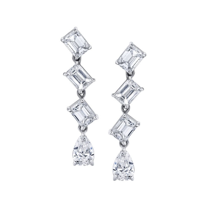 Norman Silverman 18K White Gold Rhodium Plated Emerald And Pear Shape Diamond Drop Earrings