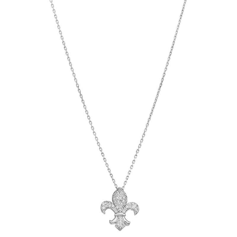 Lisa Nik 18k white gold rhodium plated Charms fleur de lis pendant necklace with diamonds weighing 0.25 carat total weight