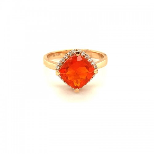 Lisa Nik 18k rose gold Rocks cushion shaped fire opal ring with diamond halo, 8mm fire opal with round diamonds weighing 0.15 carat total weight