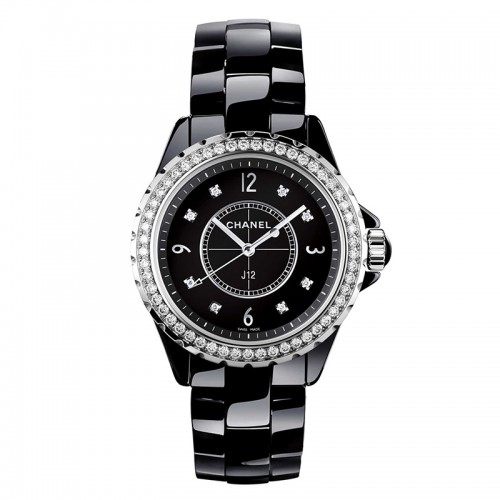 Chanel J12 33mm black ceramic and steel/ dial with 8 diamond indicator/ bezel with 53 diamonds / black ceramic bracelet