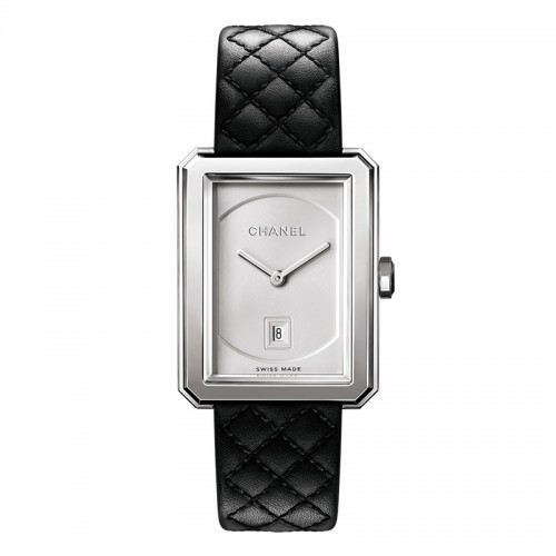 Chanel Boy-Friend medium steel 34.6 x 26.7mm opaline guilloche dial on black leather strap with steel tang buckle
