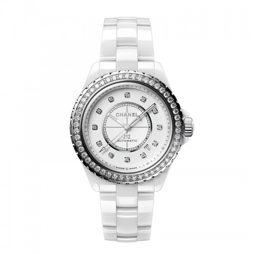 Chanel J12 white ceramic/steel 38mm steel diamond bezel white diamond dial on white ceramic bracelet