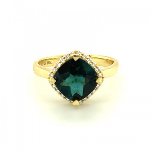Lisa Nik 18k yellow gold Rocks cushion indicolite ring with diamond halo, 8mm indicolite with round diamonds weighing 0.15 carat total weight