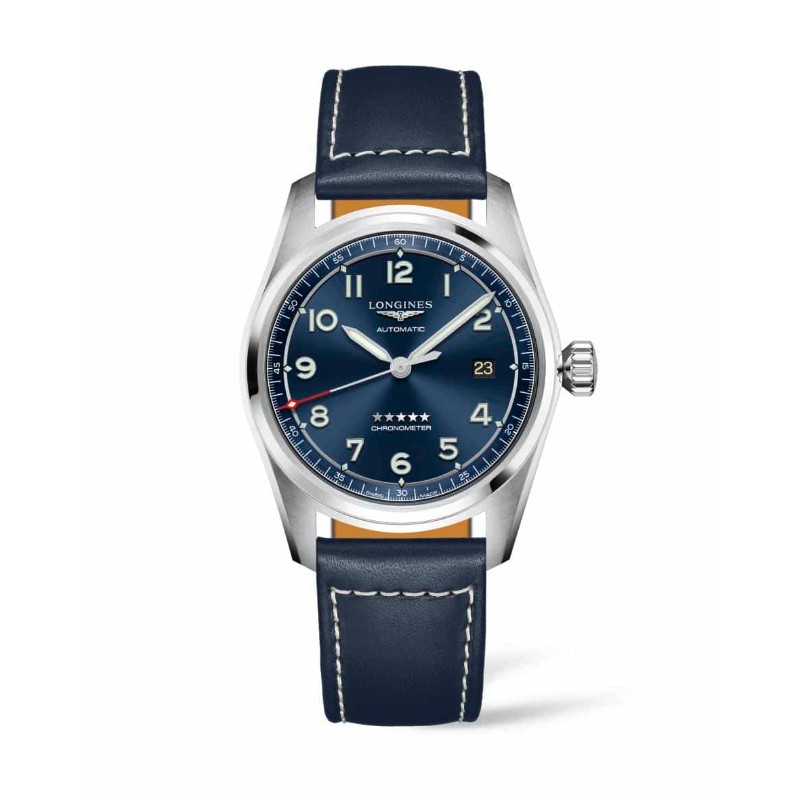 Longines Spirit steel 40mm smooth bezel blue dial on leather strap with steel buckle