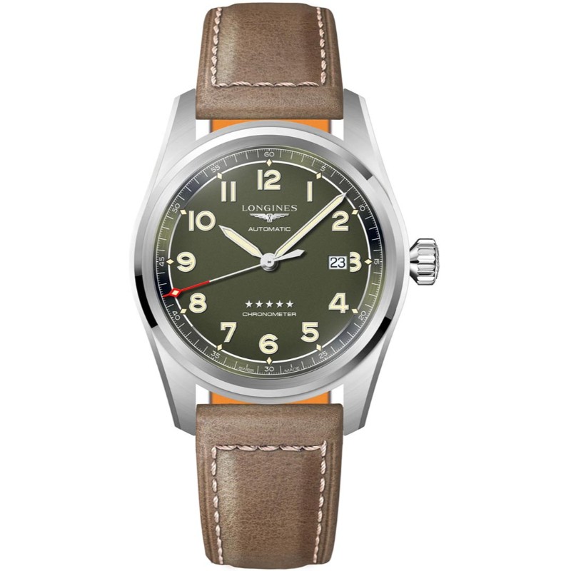 Longines Spirit steel 42mm smooth bezel green matt dial on leather strap with steel buckle
