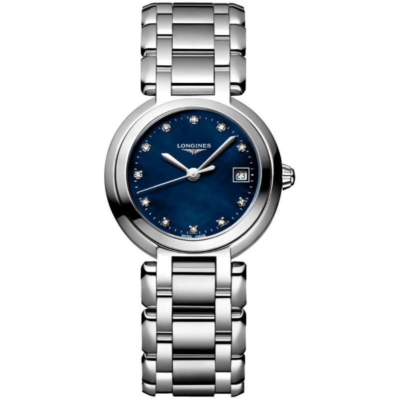 Longines PrimaLuna 26.5mm stainless steel case and bracelet blue mother-of-pearl dial diamond 0.032 ct indexes quartz movement