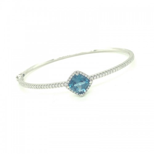 Lisa Nik 18k white gold rhodium plated Rocks bangle bracelet with cushion shape London blue topaz and diamond halo, 8mm Londn blue topaz with round diamonds weighing 0.63 carat total weight