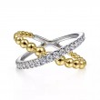 Gabriel & Co 18K Yellow Gold And 18K White Gold Rhodium Plated Bujukan 10.8mm Criss Cross Beaded Ring