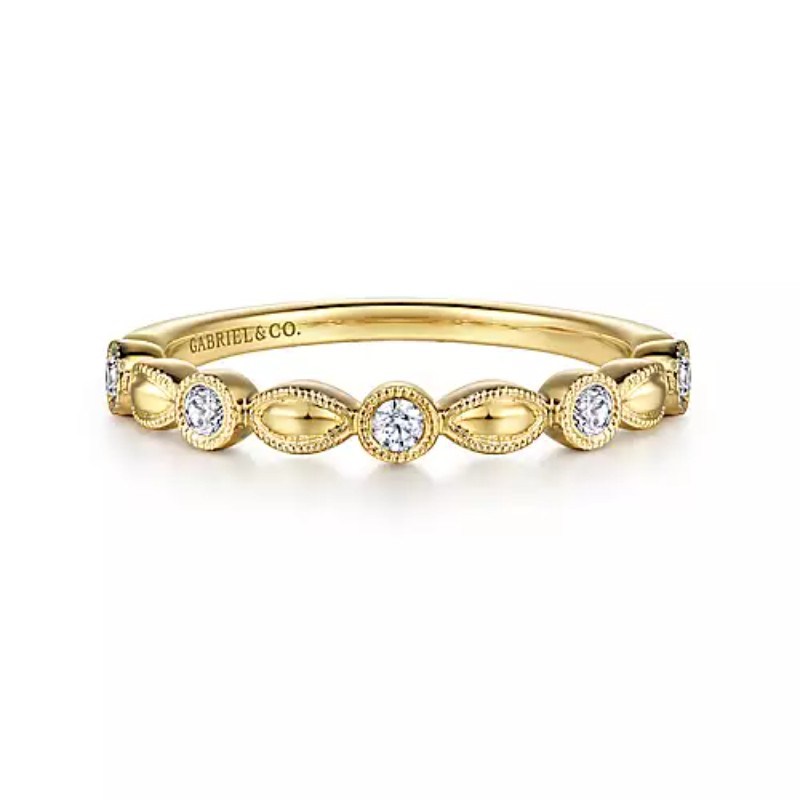 Gabriel & Co 18K Yellow Gold Stackable Alternating Milgrained Marquise Shape Gold Stations And Round Diamonds