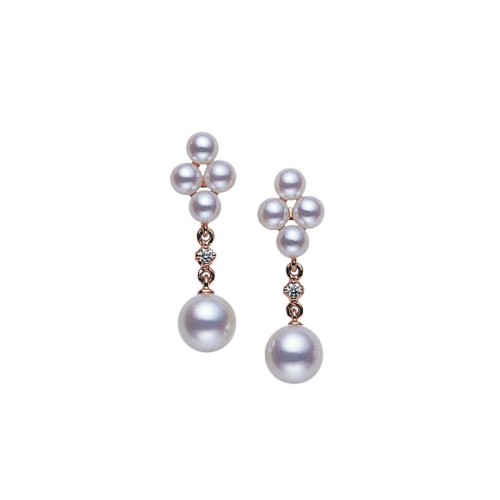 Mikimoto 18k rose gold Japan collections pearl drop earrings with diamonds, 3.5-6.5mm/A+ akoya pearls with 2 round diamonds weighing 0.02 carat total weight