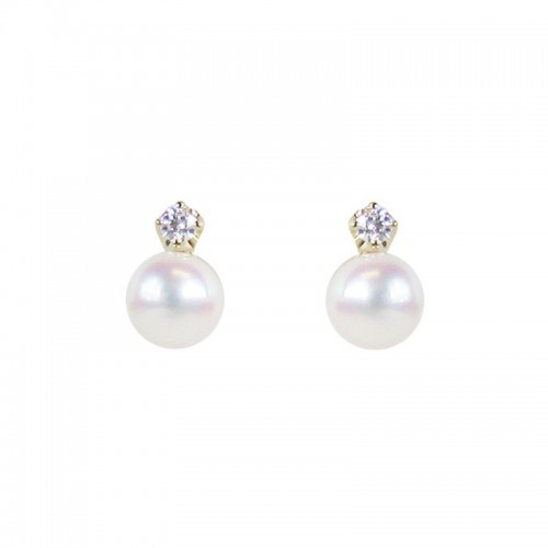 Mikimoto 18k yellow gold Classic pearl stud earrings with diamonds, A+/5mm akoya pearls with 2 round diamonds weighing 0.04 carat total weight