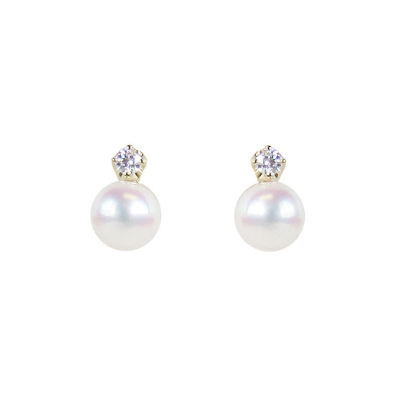 Mikimoto 18k yellow gold Classic pearl stud earrings with diamonds, A+/5mm akoya pearls with 2 round diamonds weighing 0.04 carat total weight