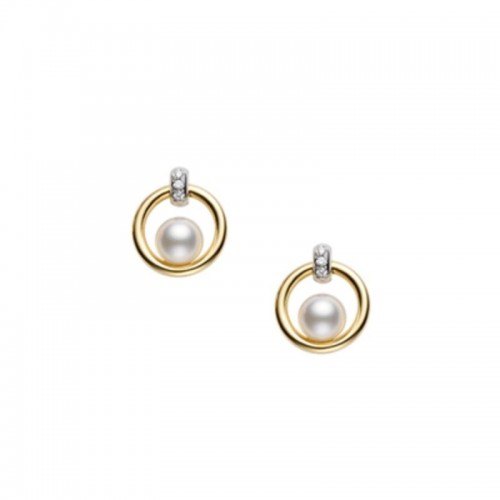 Mikimoto 18k yellow gold and 18k white gold rhodium plated Circle pearl stud earrings with diamonds, 5.5mm/A+ akoya pearls with 6 round diamonds weighing 0.02 carat total weight