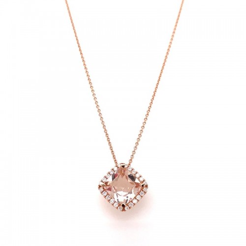 Lisa Nik 18k rose gold Rocks cushion shaped morganite pendant necklace with diamond halo, 8mm morganite with round diamonds weighing 0.15 carat total weight