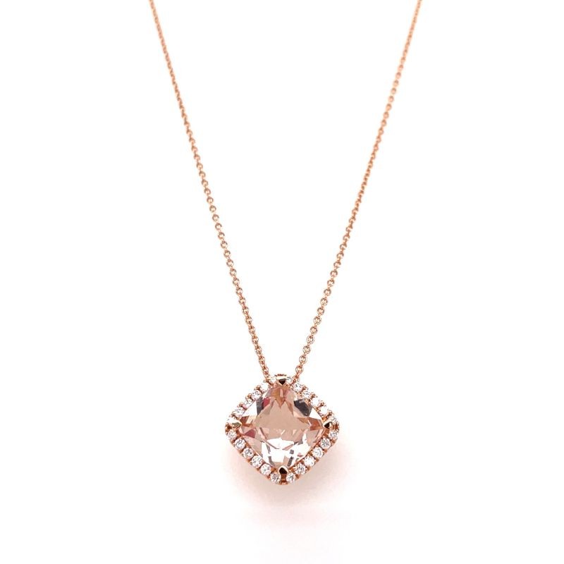 Lisa Nik 18k rose gold Rocks cushion shaped morganite pendant necklace with diamond halo, 8mm morganite with round diamonds weighing 0.15 carat total weight