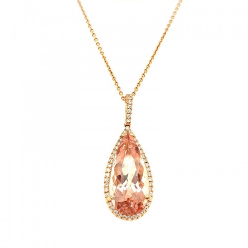 Lisa Nik 18k rose gold Colors pear shape morganite pendant necklace with diamond halo weighing 0.57 carat total weight