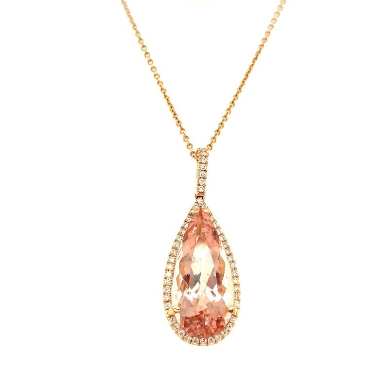 Lisa Nik 18k rose gold Colors pear shape morganite pendant necklace with diamond halo weighing 0.57 carat total weight
