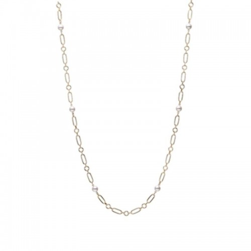 Mikimoto 18k yellow gold M collection link chain necklace with 6 pearl stations, 6.5mm/A+ akoya pearls, 24