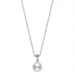 Mikimoto 18k white gold rhodium plated Classic pearl pendant necklace with a diamond, 8.25mm/A+ akoya pearl with a round diamond weighing 0.08 carat weight, 16