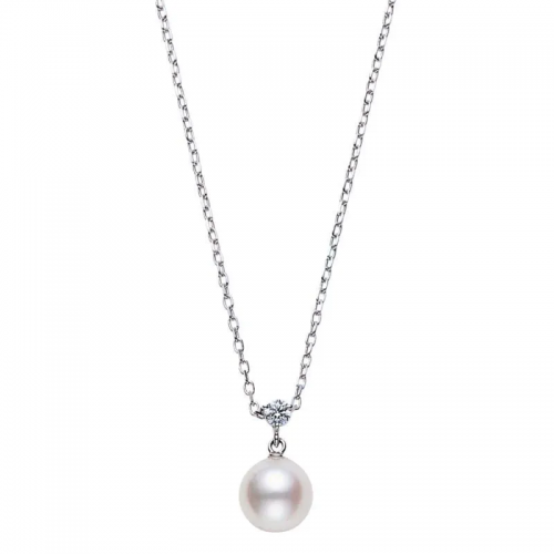 Mikimoto 18k white gold rhodium plated Classic pearl pendant necklace with a diamond, 8.25mm/A+ akoya pearl with a round diamond weighing 0.08 carat weight, 16