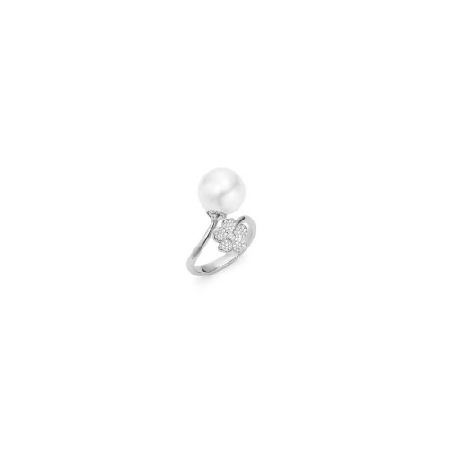 Mikimoto 18k white gold Nature Cherry Blossom pearl bypass ring with diamonds, 11mm/A+ White South Sea pearl with 61 round diamonds weighing 0.14 carat total weight, size 6.5