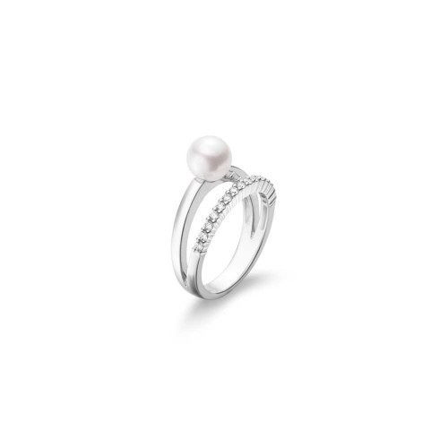 Mikimoto 18k white gold Others two row ring with pearl and diamonds, 7mm/A+ Akoya pearl with diamonds weighing 0.23 carat total weight, size 6
