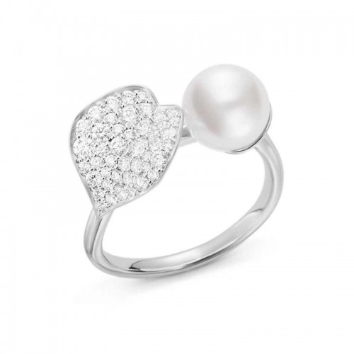 Mikimoto 18k white gold rhodium plated Petal pearl ring with diamond leaf, 7.5mm/A+ akoya pearl with 44 round diamonds weighing 0.46 carat total weight