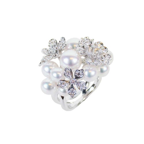 Mikimoto 18k white gold rhodium plated Bloom multi pearl ring with diamond flowers, 4.5-7.75mm/A+ akoya pearls with 32 round diamonds weighing 0.50 carat total weight