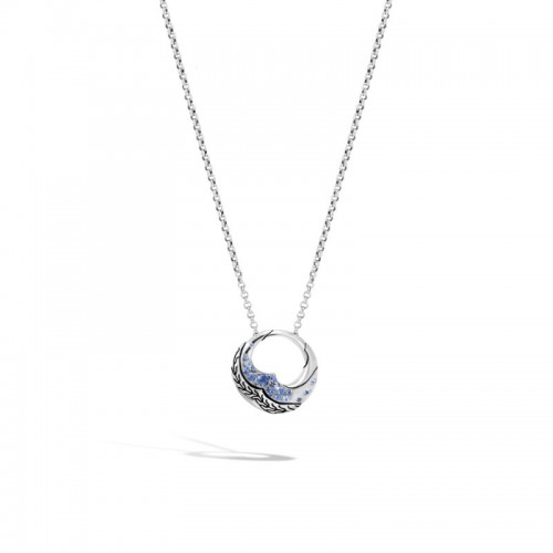 John Hardy sterling silver Lahar pendant necklace with blue sapphires, 2mm mini rolo chain necklace with lobster clasp, 16-18