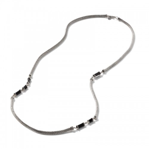 John Hardy sterling silver Classic Chain 4.5mm tiga station necklace with 10.5mm and 4.5mm black onyx beads, 32