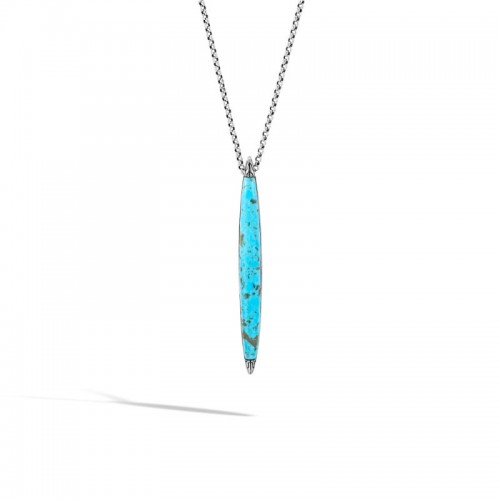 John Hardy sterling silver Classic Chain spear drop pendant necklace with turquoise, 63.5x7mm pendant, 2mm mini rolo chain, 36-40