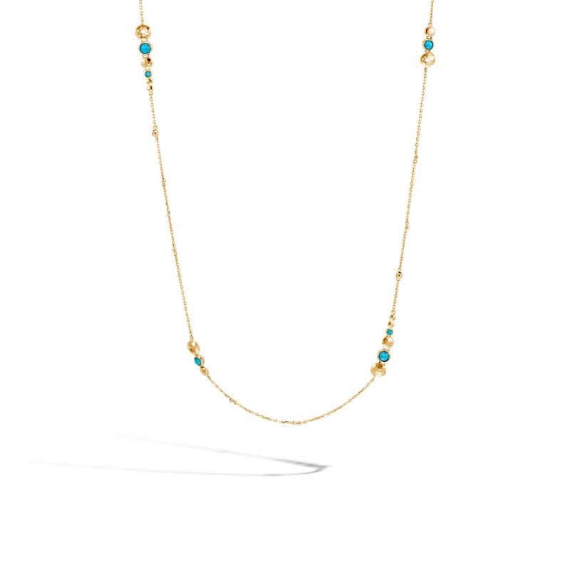 John Hardy 18k yellow gold Dot hammered chain necklace with turquoise, 1.2mm chain with lobster clasp, 36