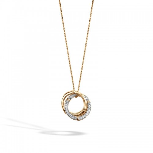 John Hardy 18k yellow gold rhodium plated Bamboo small interlinking ring pendant necklace with diamonds, 15mm pendant with diamonds weighing 0.09 carat total weight, 1.4mm chain with lobster clasp, 16-18
