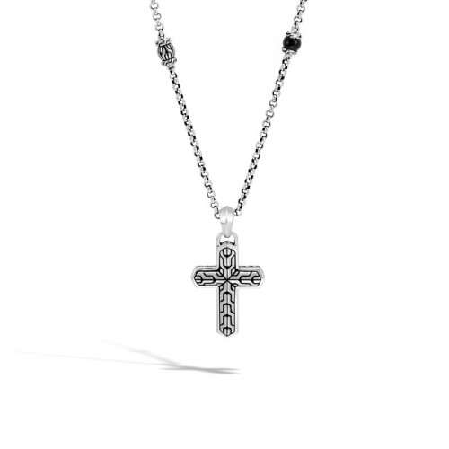 John Hardy sterling silver Classic Chain cross pendant necklace with black onyx, 2mm chain with lobster clasp, 26