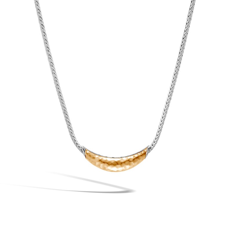 Classic Chain Station Necklace in Silver and Hammered 18K Gold