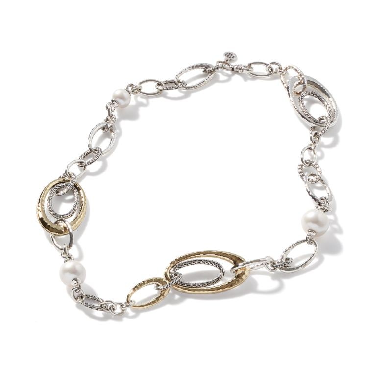 John Hardy sterling silver and 18k bonded yellow gold Classic Chain Palu hammered link necklace with pearl stations, 8-8.5mm and 11-11.5mm white fresh water pearls, 18