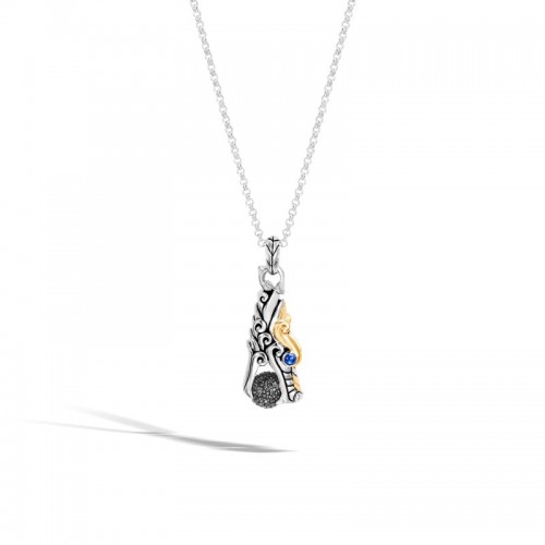 John Hardy sterling silver Legends Naga dragon head pendant necklace with black spinel, black sapphire and blue sapphire, 42x14mm pendant, 2mm mini rolo chain necklace with lobster clasp, 36